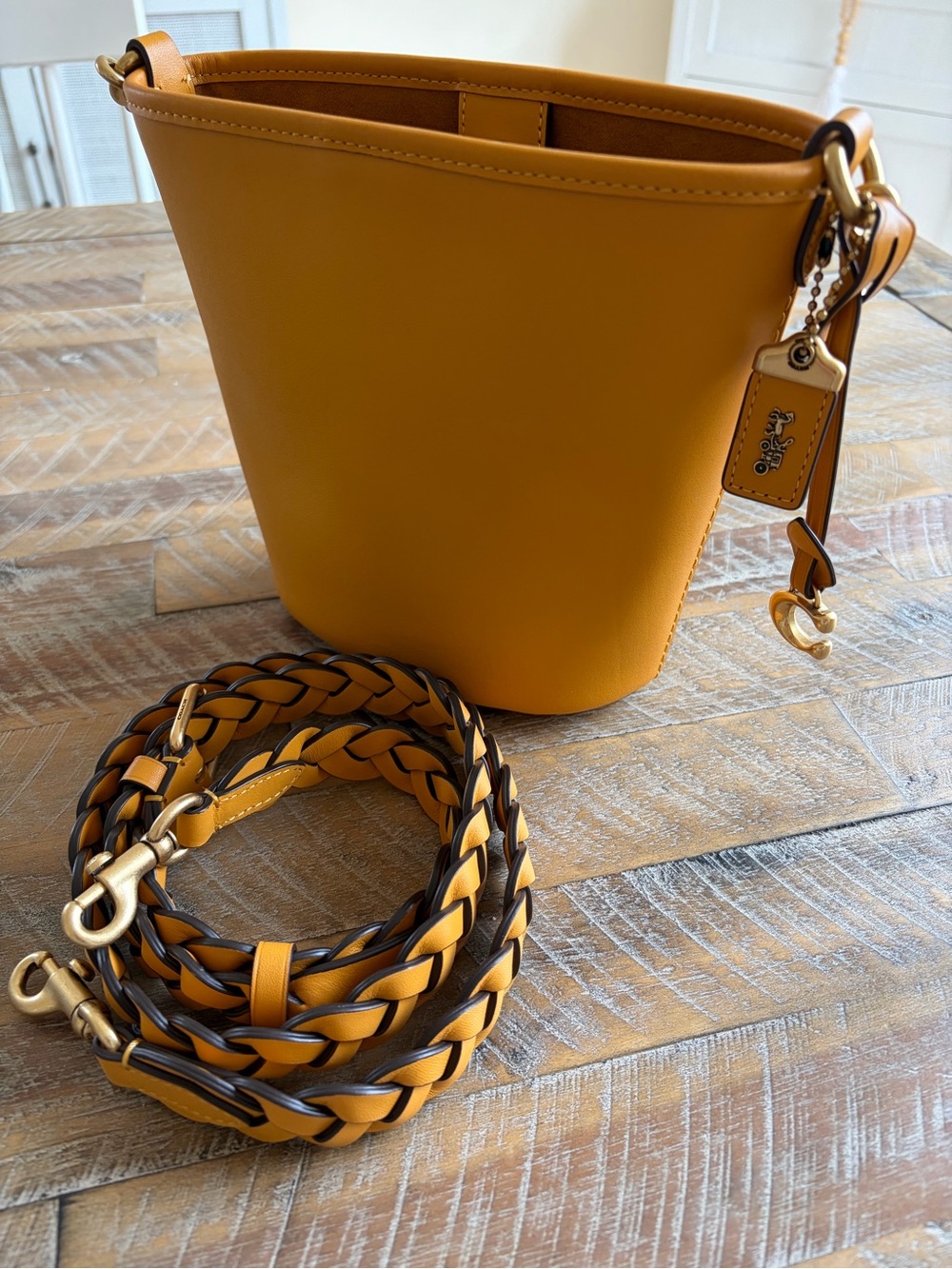 EUC Coach Mustard Leather Bucket Tote with Braided Strap